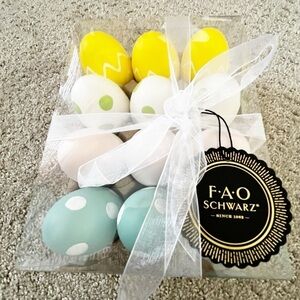 FAO Schwarz Easter Eggs Decor Polka Dot Striped Pink Yellow Green Blue Set of 12
